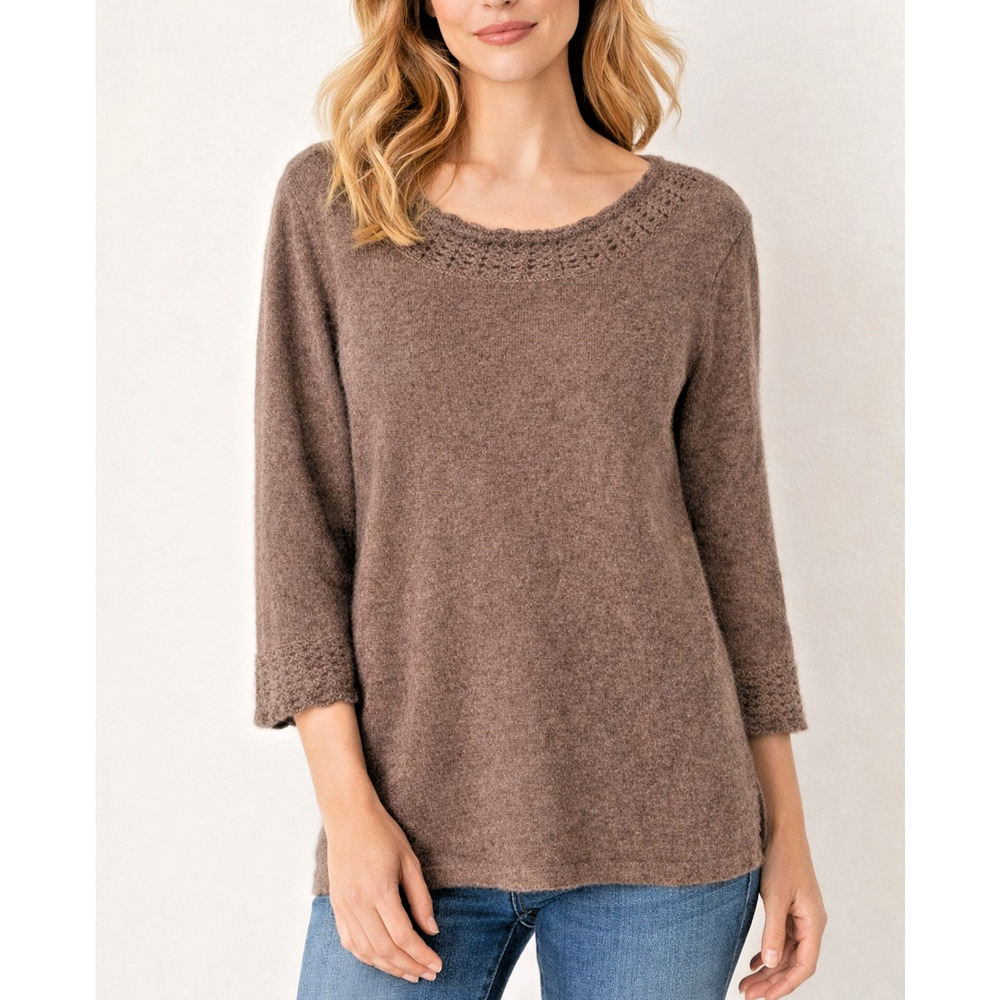 VINTAGE MAINBOCHER Pure Cashmere 3/4 Sleeve Scalloped Trim Sweater Large Brown